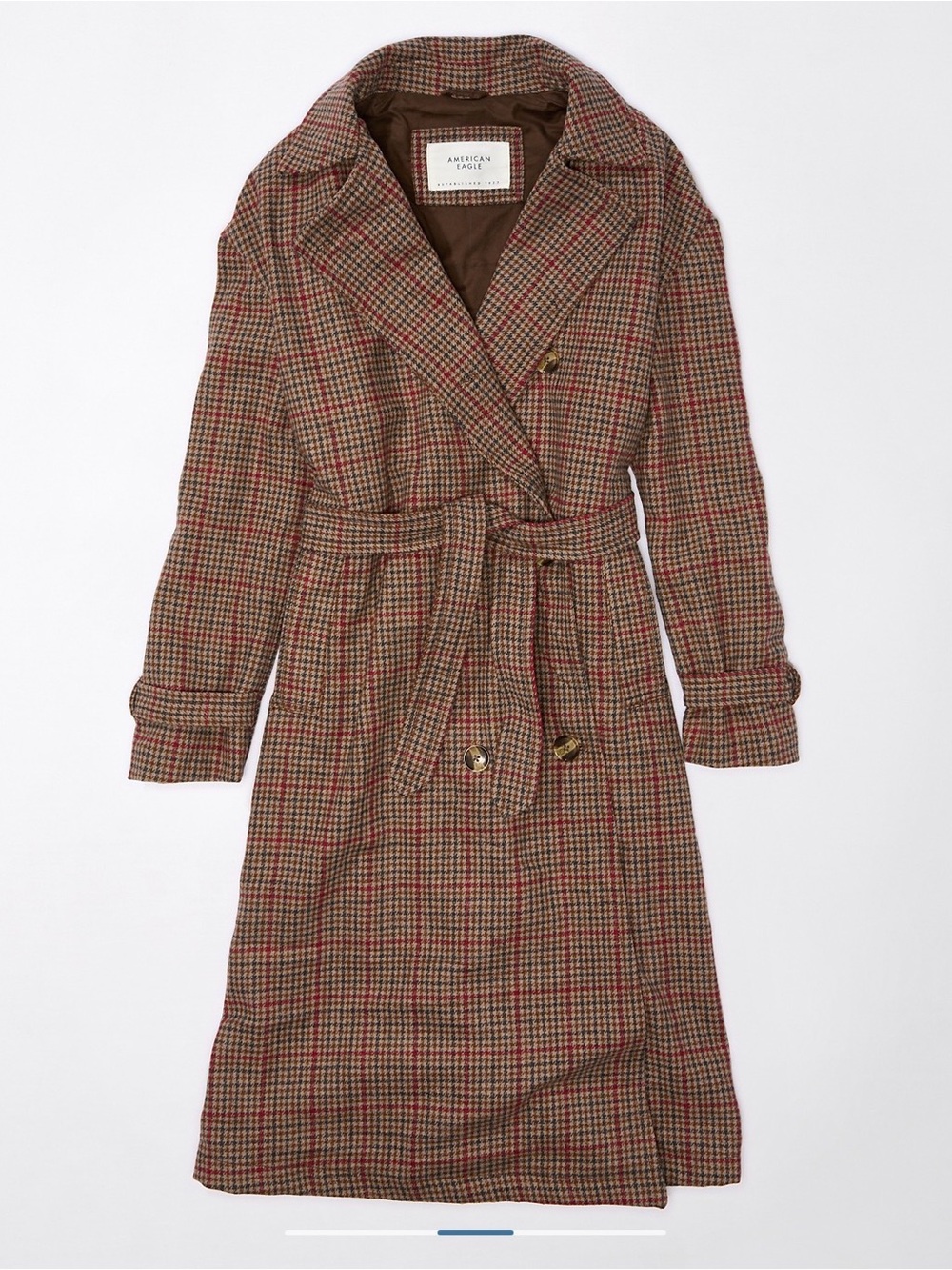 American Eagle Outfitters Plaid Trench Coat in Brown and Red Tones